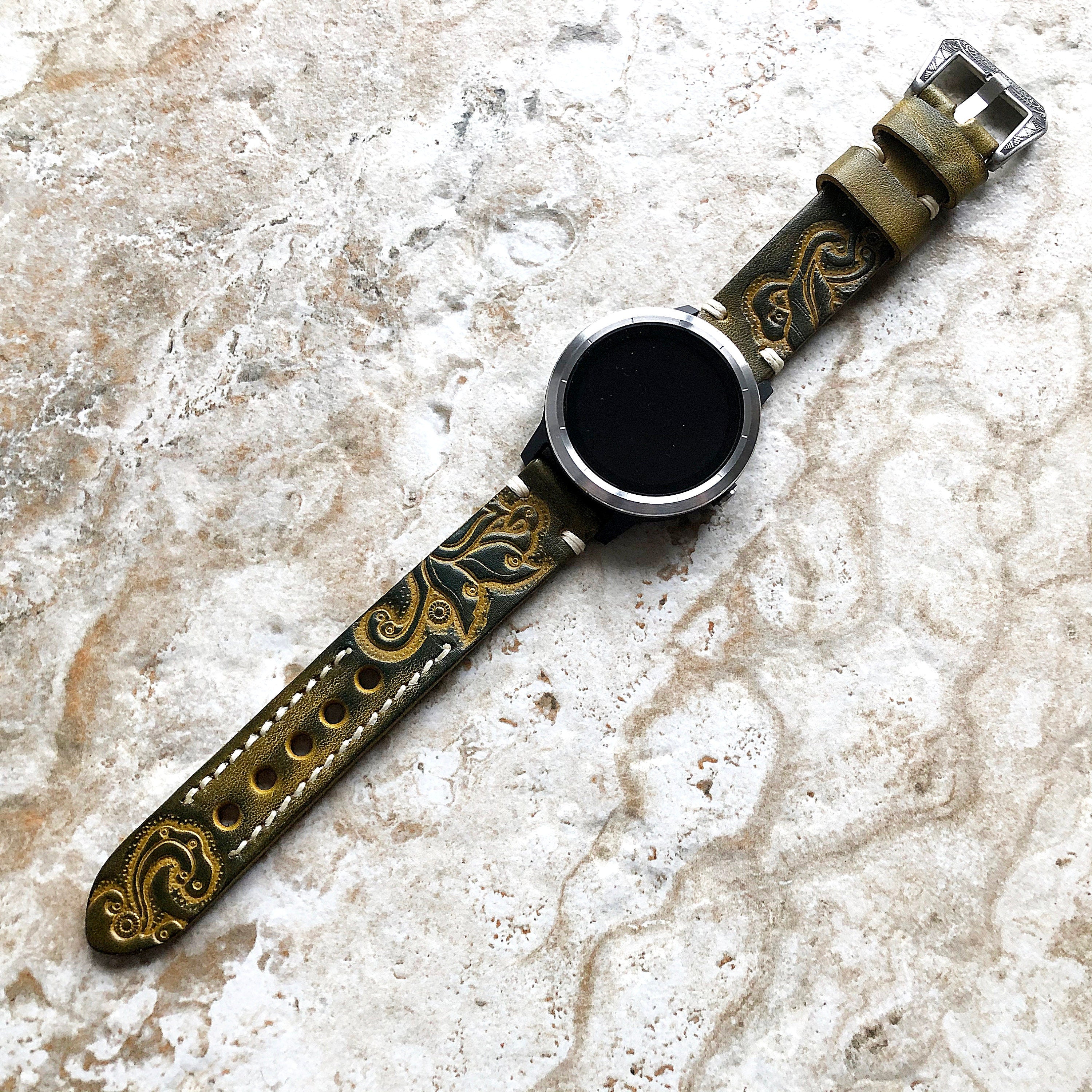 Garmin Green and Yellow Band for Venu GPS Smartwatch Tooled Embossed Carved Engraved Handmade Premium Leather Bracelet Pins Buckle Tool T20